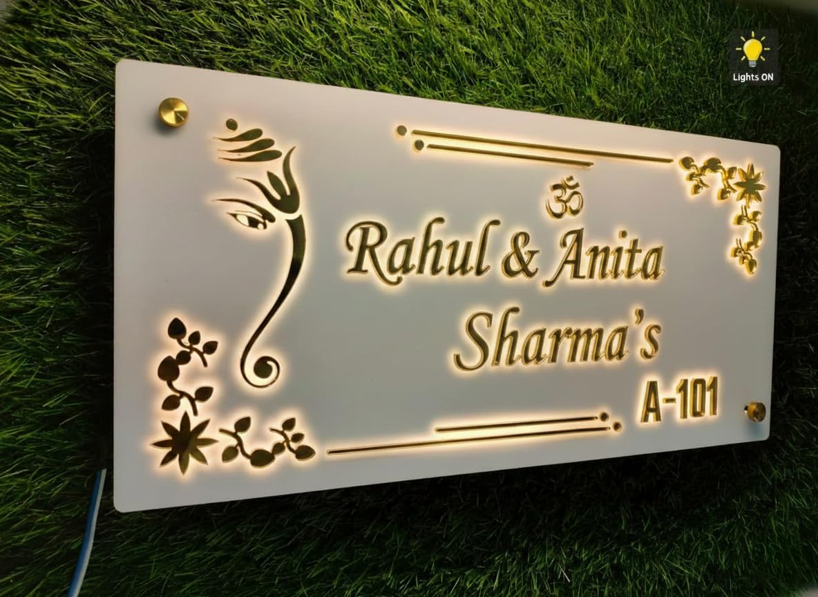 Ganesha Design Customized LED Name Plate for Home & Outdoor (8 x 16 Inch) | Waterproof Glowing Name Board with Light | 3D Acrylic Illuminated Sign for House Entrance, Villa, & Office (Design-C)-image-42