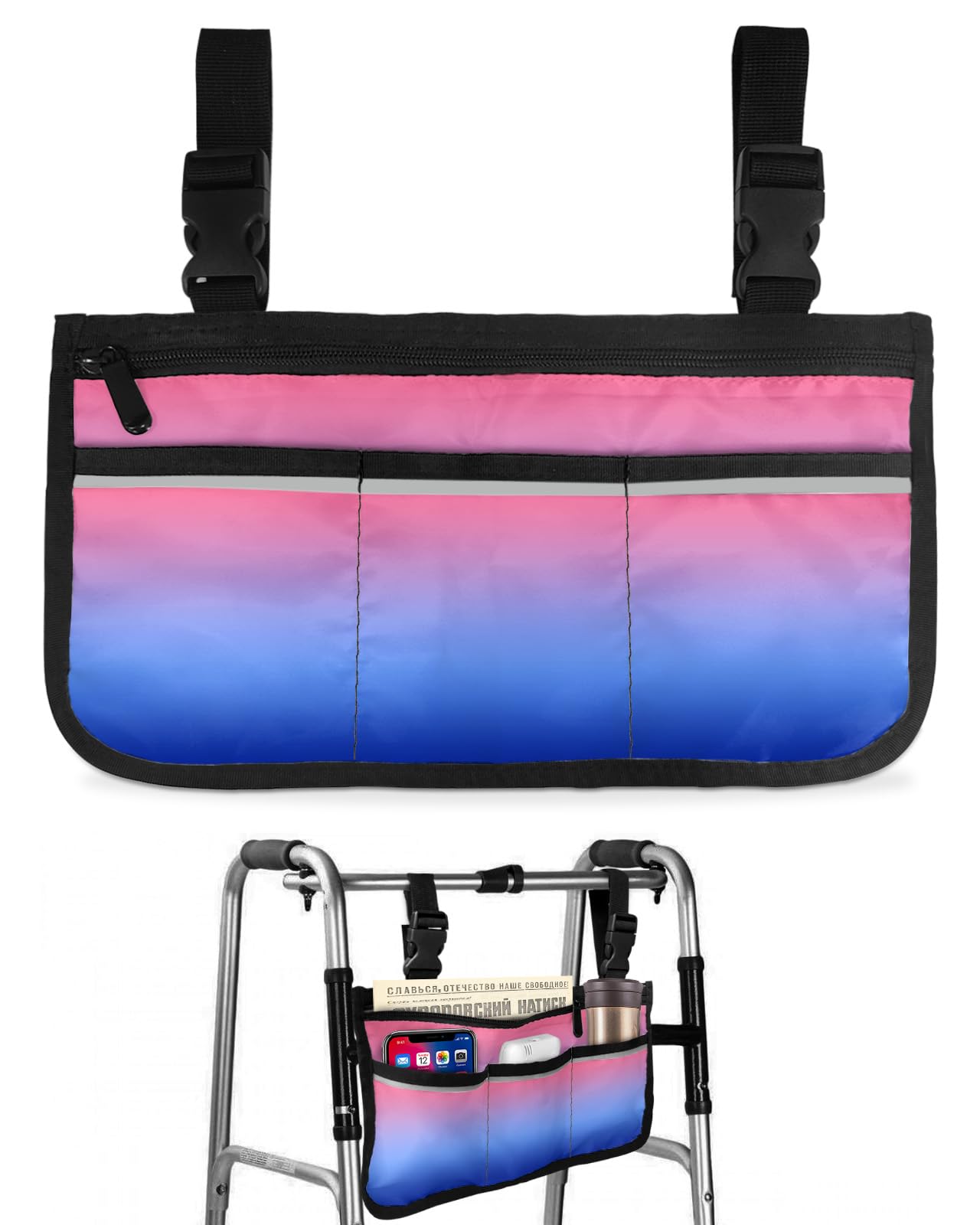 Pink and Blue Ombre Wheelchair Side Bag Walker Bag, Gradient Colorful Wheelchair Accessories Armrest Pouch, Organizer Storage Bag for Walkers, Rollators, Scooters, 7.3''x13''