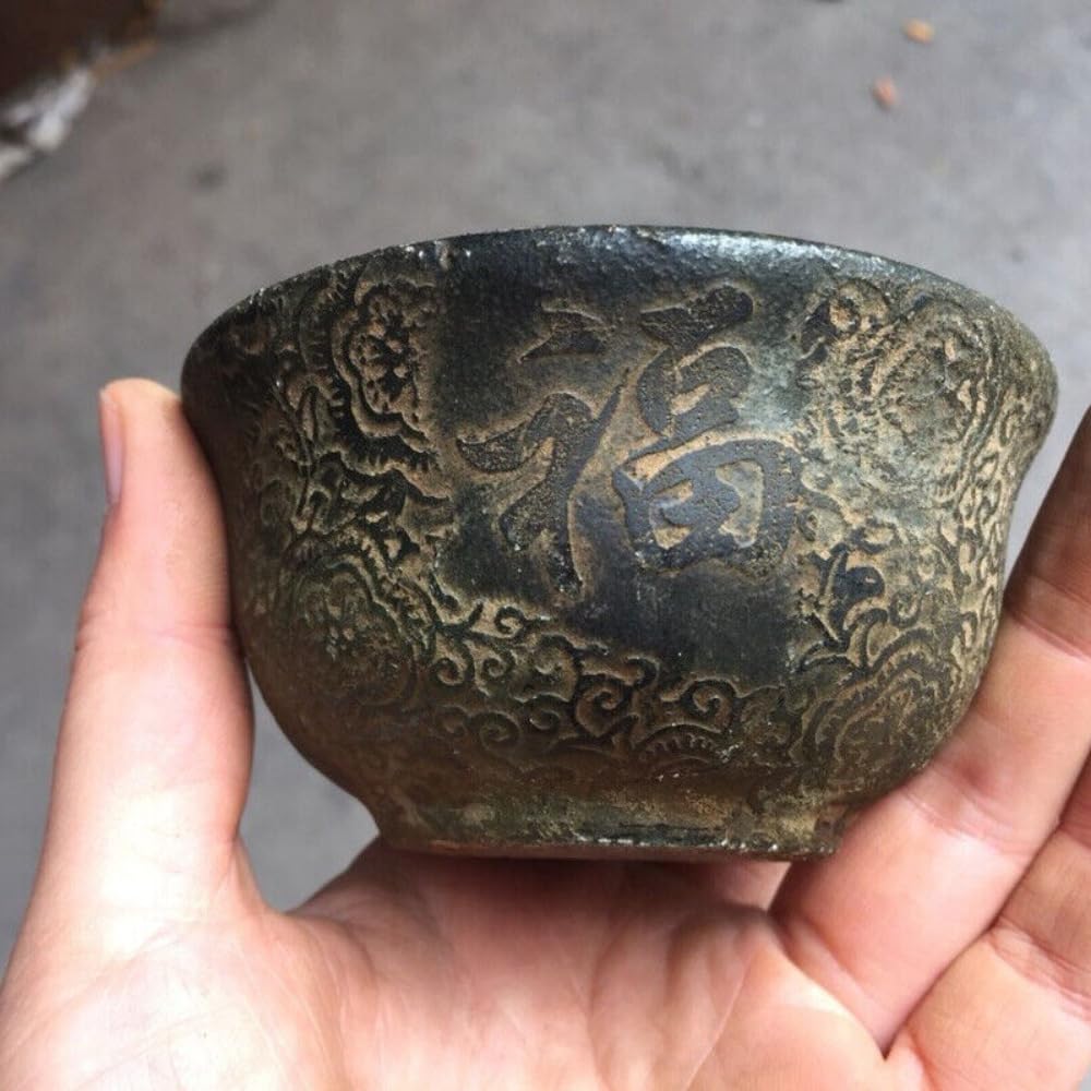 Cuenco de jade antiguo chino decorativo con relieves de bendición tradicionales para salones