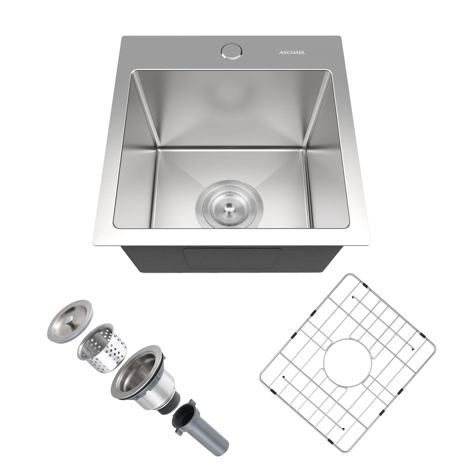 Aschael Bar Sink Drop In,15x15x10 Inch Top Mount Kitchen Sink 16 Gauge Stainless Steel Sink Single Bowl Kitchen Sinks, Deep Kitchen Sink Bar Prep Sink RV Sink with Strainer & Bottom Grid