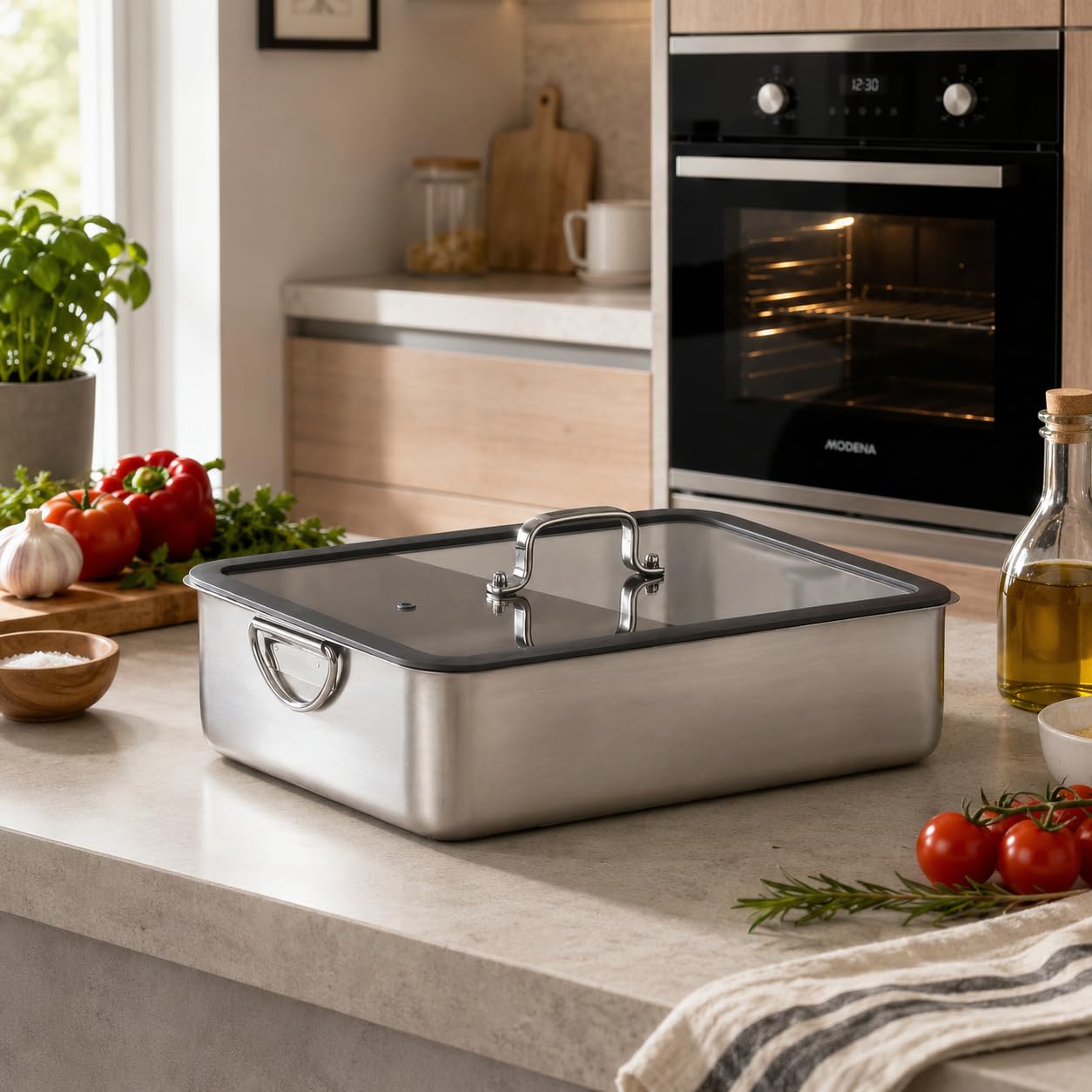Inoxriv, Maxima Teglia da Forno Rettangolare con Coperchio in Vetro e Silicone, 36x25 cm, Acciaio Inox 18/10, Bordo Alto 8 cm, Made in Italy