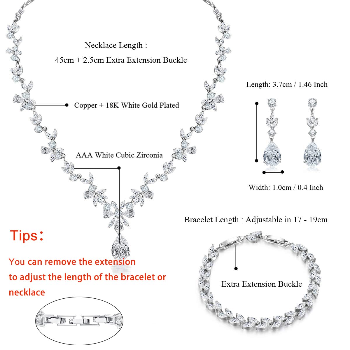 Hadskiss Jewelry Set for Women, Necklace Dangle Earrings Bracelet Set with White AAA Cubic Zirconia, Allergy Free Wedding Party Jewelry for Bridal Bridesmaid