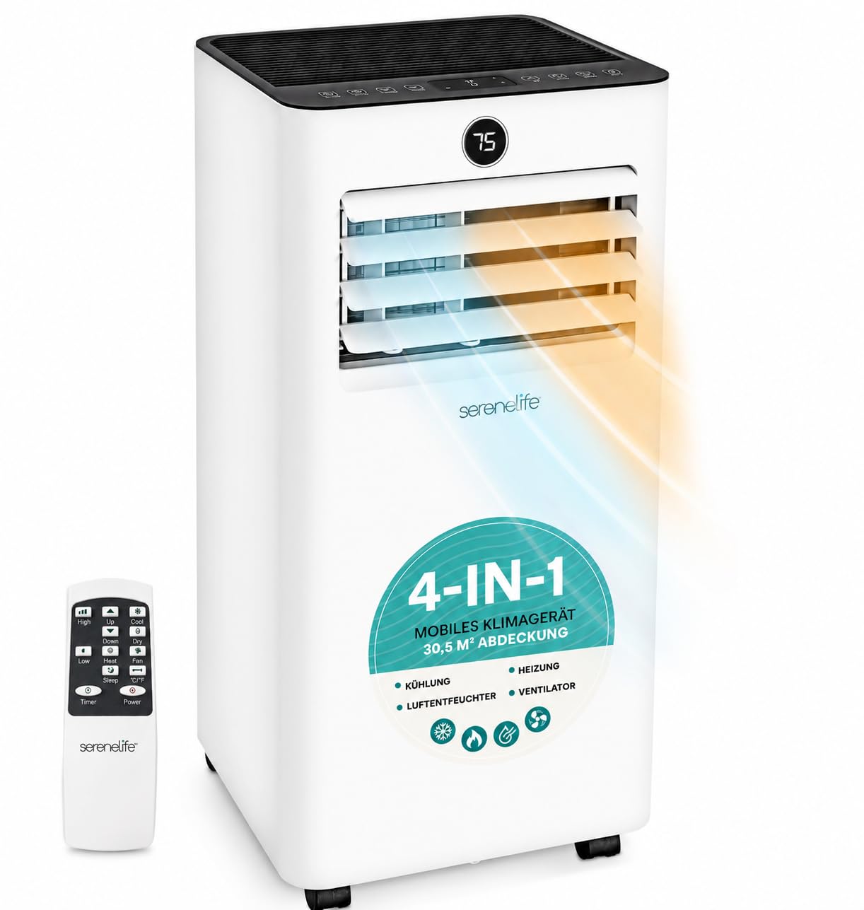 SereneLife Mobile Klimaanlage mit Abluftschlauch 9000 BTU, 4 in 1 Kühlen, Heizen, Entfeuchten und Ventilieren, Inkl. Fensterkit und Fernbedienung, bis 31 m², Perfekt für Heiße Sommertage