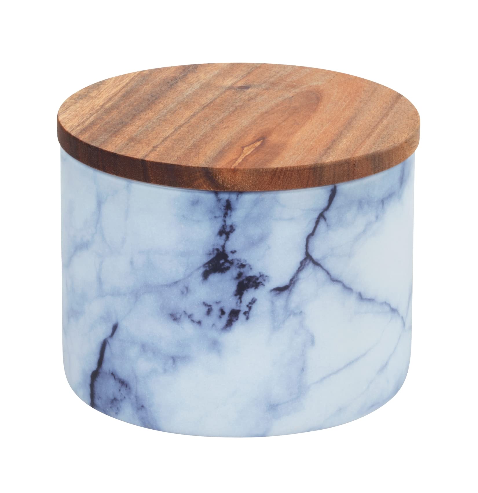WENKO Mio storage tin, storage box made of borosilicate glass in marble look in blue/white with airtight lid made of FSC® certified brown acacia wood, 0.5 L, Ø 11 x 8.5 cm
