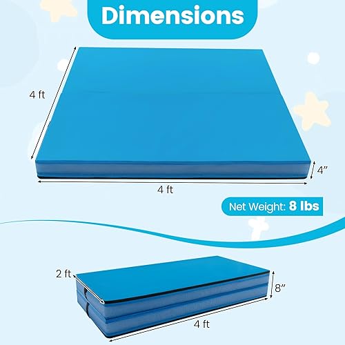Miniatura 5 de GYMAX Colchoneta de gimnasia plegable de 4 x 4 pies, 4 pulgadas de grosor con asas de transporte, cubierta de piel sintética, tapete de gimnasio en