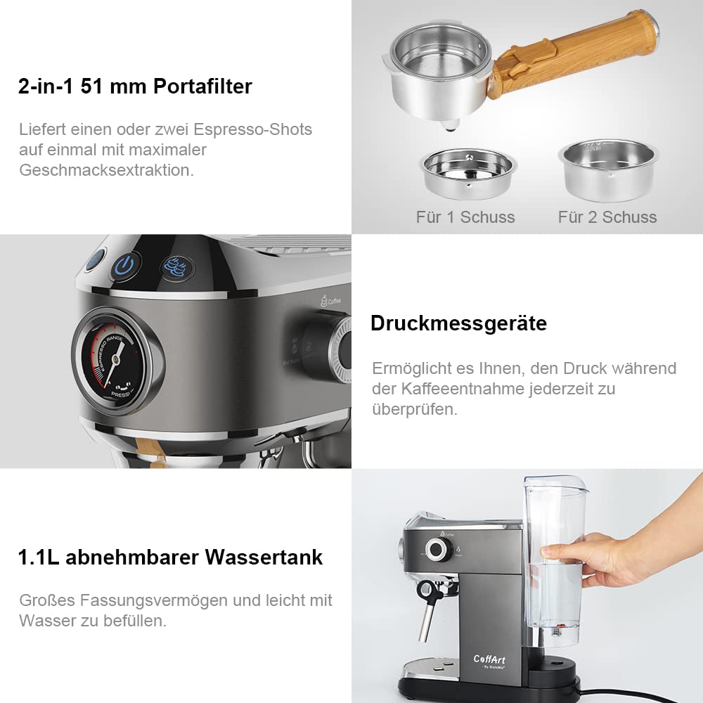 Biolomix Espressomaschine Siebträgermaschine 20 Bar,Filterhalter mit Doppelauslauf,Milchaufschäumdüse,abnehmbarer Wassertank, für 1-2 Tassen,Espresso,Cappuccino und Latte Machiato (CM7008-EU)