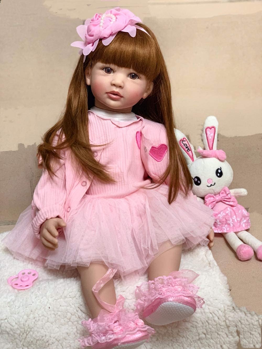 Angelbaby Doll 24 inch Adorable Reborn Toddler Girl with Long Hair That Looks Real Reborn Silicone Baby Dolls Cuddle Toys for Children Doll Sets (Pink Dress)