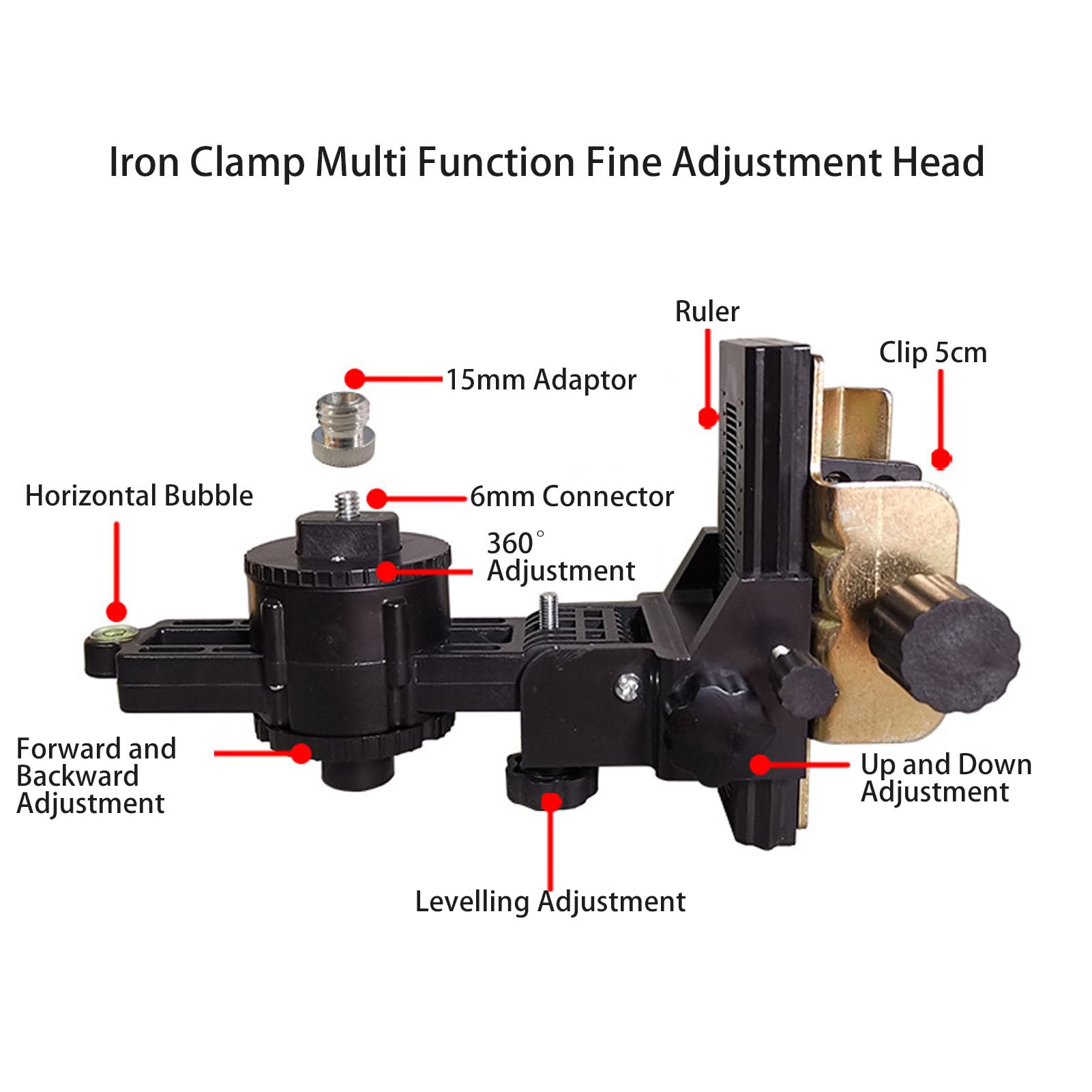 Fine Tuning Bracket Level Adapter, 360° Adjustable L Shape Pivoting Base with Adjustable Clip for Telescopic Rod Bracket [15mm Adapter + 6mm Connector]