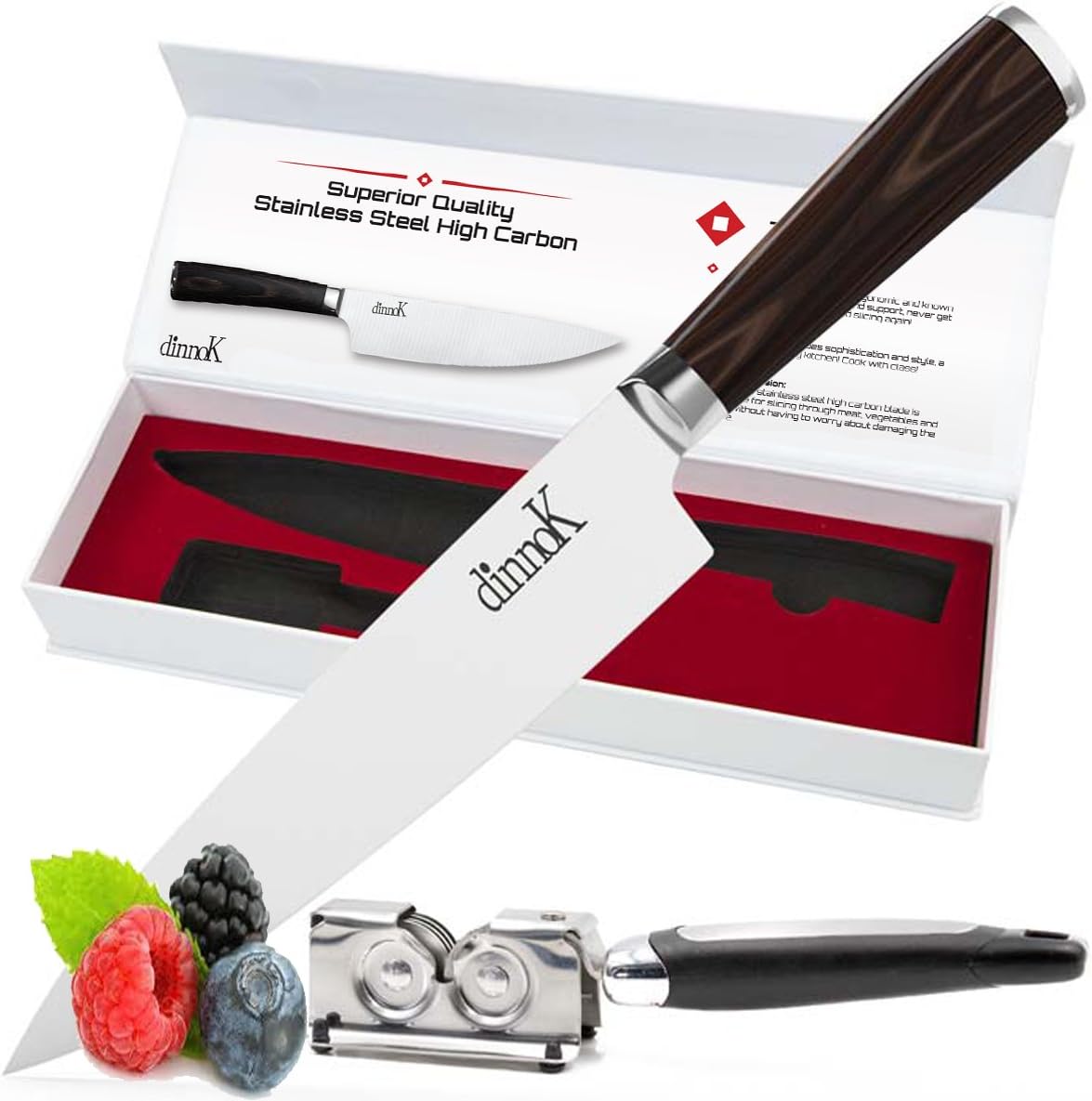 Professional 8 Inch Chef Knife Set – Ultra Sharp, High Carbon German Steel Blade with ErgonomicHandle + FREE Kitchen Knife Sharpener – Chefs Knife Cut Sushi Sashimi Fish Meat Vegetable
