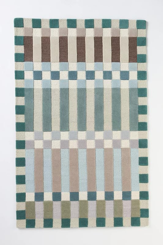 Hand-Tufted Wool Area Rug (8x10 Ft) - Modern Checkered & Striped Geometric Design - Blue, Green, Beige, and Brown - Plush Accent Rug for Living Room,