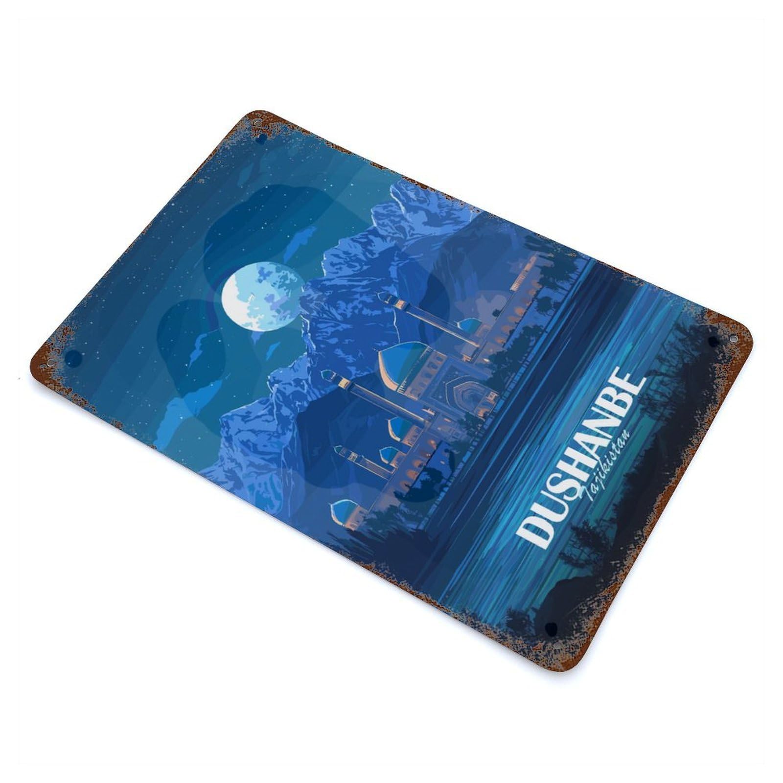 Dushanbe, Tajikistan at Night Rusty Metal Tin Sign 11.8"x7.9", Rustic Home Decor for Living Room, Hallway And Home Decor
