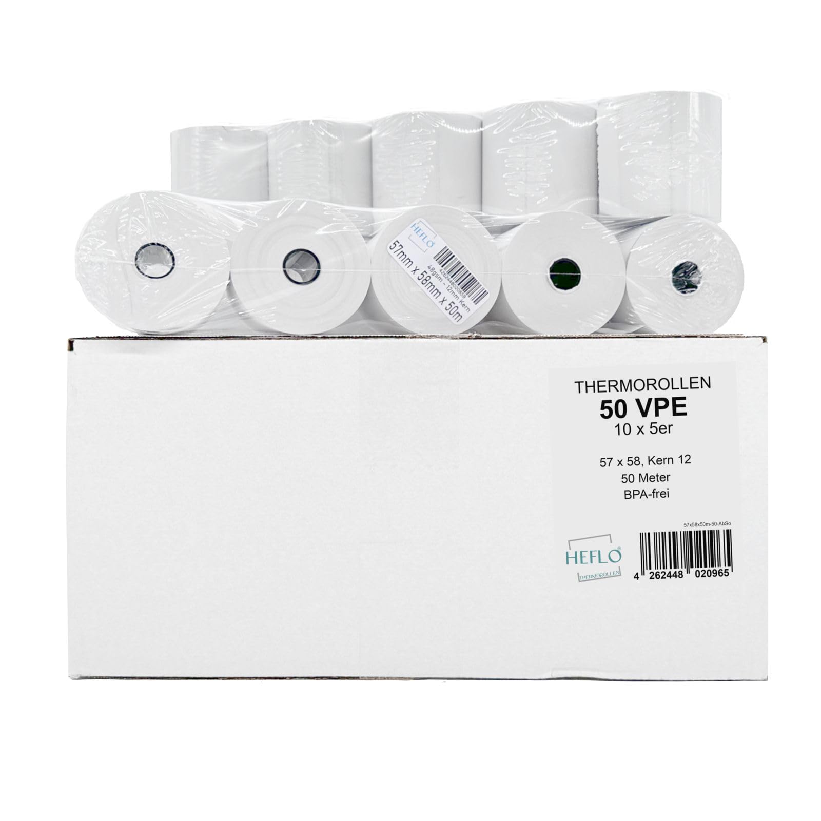 Thermorollen 57 mm X 50 m lang, Ø 59 mm 48 g BPA freies Thermopapier mit Endmarkierung, z. B. für Quorion QTouch 8, Olympia CM 911 / CM 912, Olympia CM 941, Star TSP-212-24 / TSP-242-24 u. v. a.