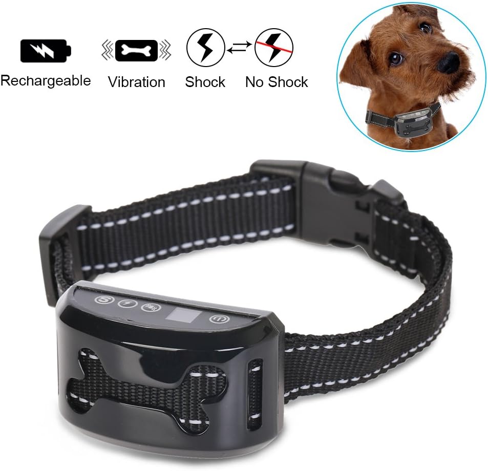 REXWAY Automatic No Bark Dog Collar, Safe Shock/Vibration Selectable Anti Bark Training System, Rechargeable & Waterproof Control Collar for Small, Medium and Large Dogs
