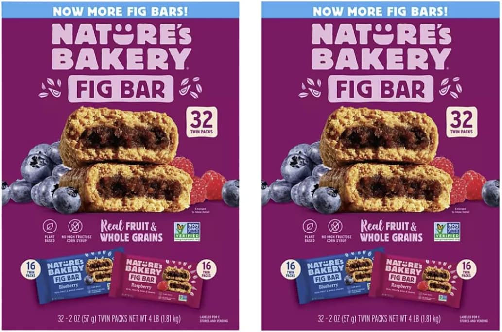 Gourmet Kitchn Natures Bakery Whole Wheat Fig Bars - 2 Double Boxes, 64 Bars (32 Blueberries, 32 Raspberries Each) - Healthy Snacks - Vegan, Non-GMO 64 Counts (Pack of 2)