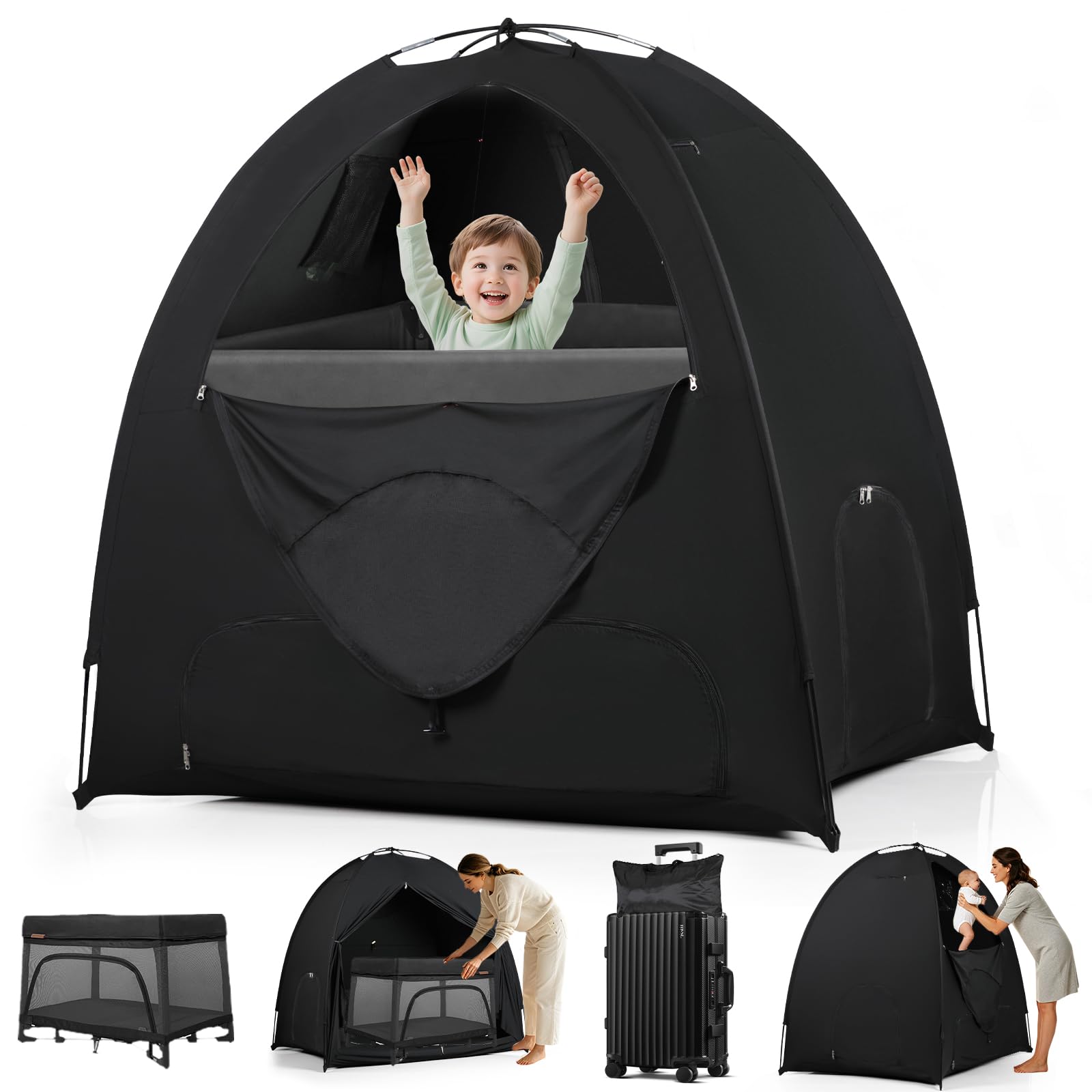Photo 1 of WANRU Blackout Tent for Pack and Play, 95% Light Blocking Portable Sleep Pod, Easy Setup No Tools, Pack n Play Cover Fits Standard Playards, Travel Canopy with Monitor Pouch, Black 53"x37"x55"