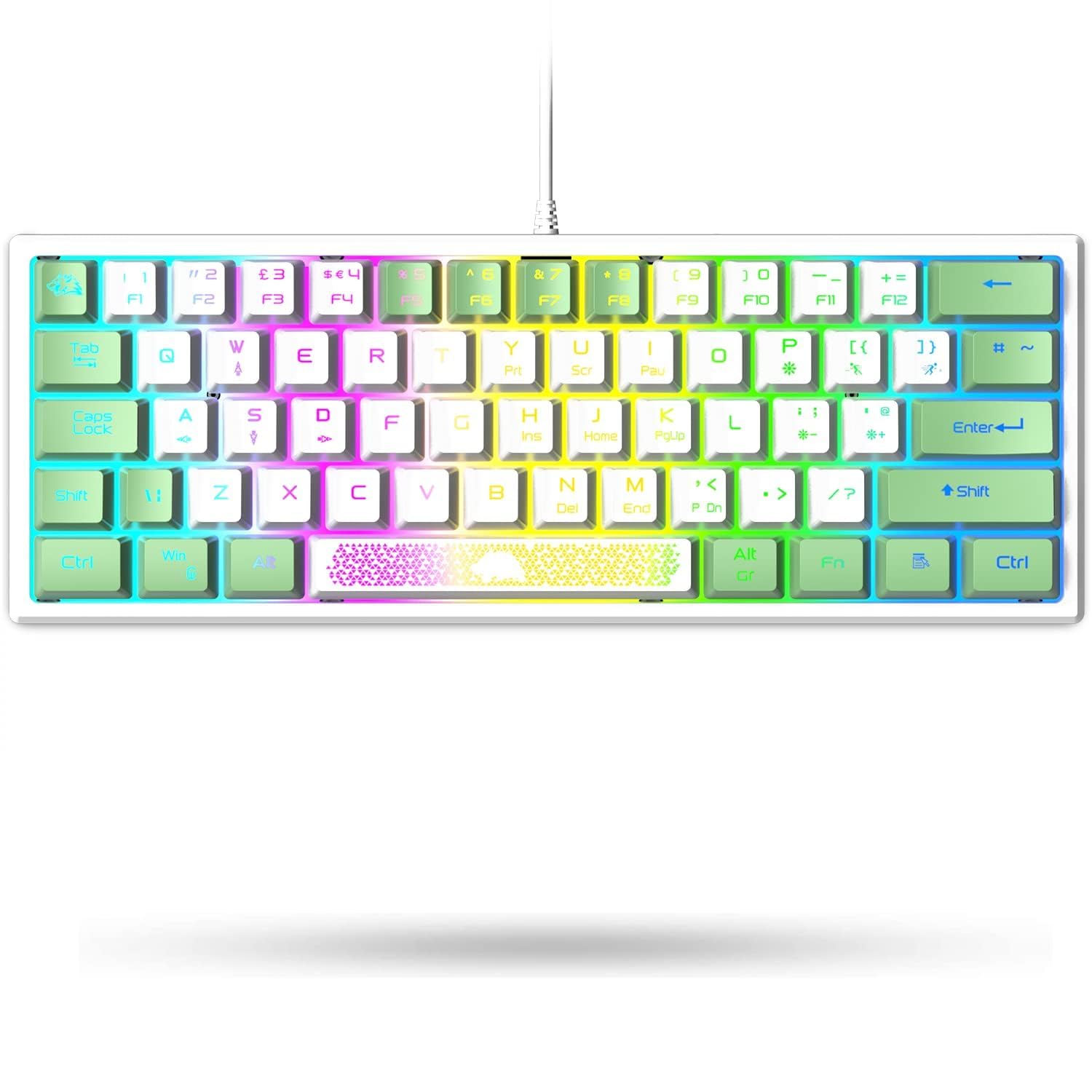 LexonElec K61 Pro 60% Blanco y Verde Colorido Mini Teclado Gaming Pequeño Mecanico Sentir Compact Cute QWERTY RGB LED Iluminar Ergonómico Accesorios para Gaming Office PC Laptop Mac MInicraft