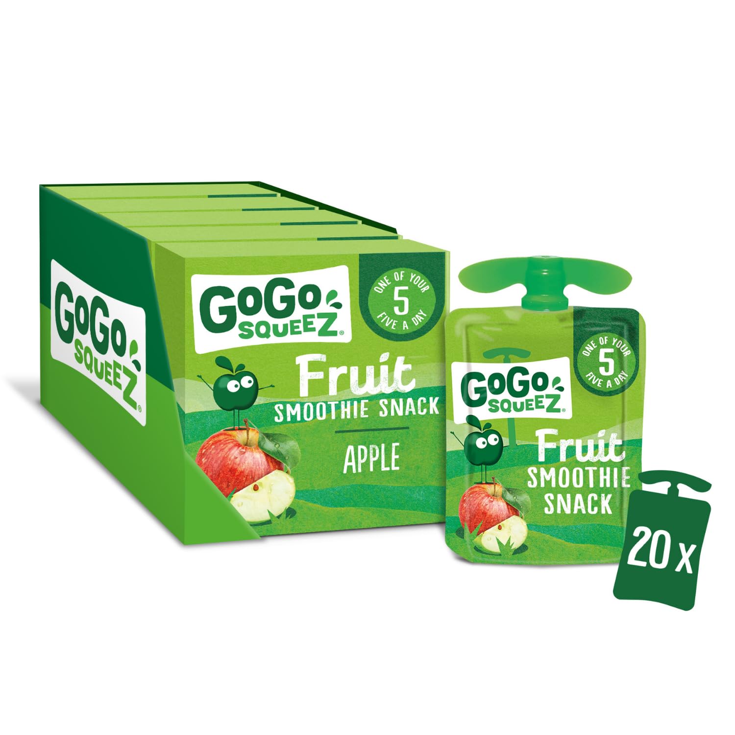 GoGo squeeZ Fruit Smoothie Snack, Apple, 100% Real Fruit Blend, 20 x 90g Pouches, Snack for Kids & Adults, Gluten-Free, Vegan, No Added Sugar, School Lunchbox Friendly, On-the-Go Snacking