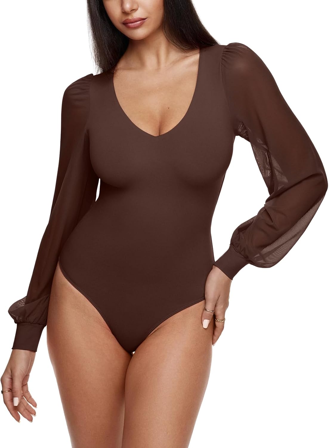 REORIA Womens Mesh Long Sleeve Bodysuit Double Lined V Neck Slimming Body Suits Sexy Cute Going Out Tops Shirts Fall Outfits