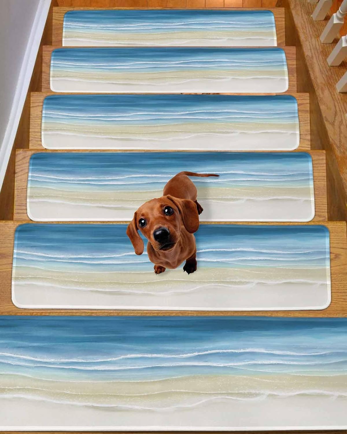 Haze Blue Summer Beach Stair Treads for Wooden Steps Indoor, Non-Slip Stair Treads Carpet Peel & Stick Self-Adhesive Staircase Step Treads, Nautical Coastal Beige Seaside Runner Mat 7 Pack 8x30