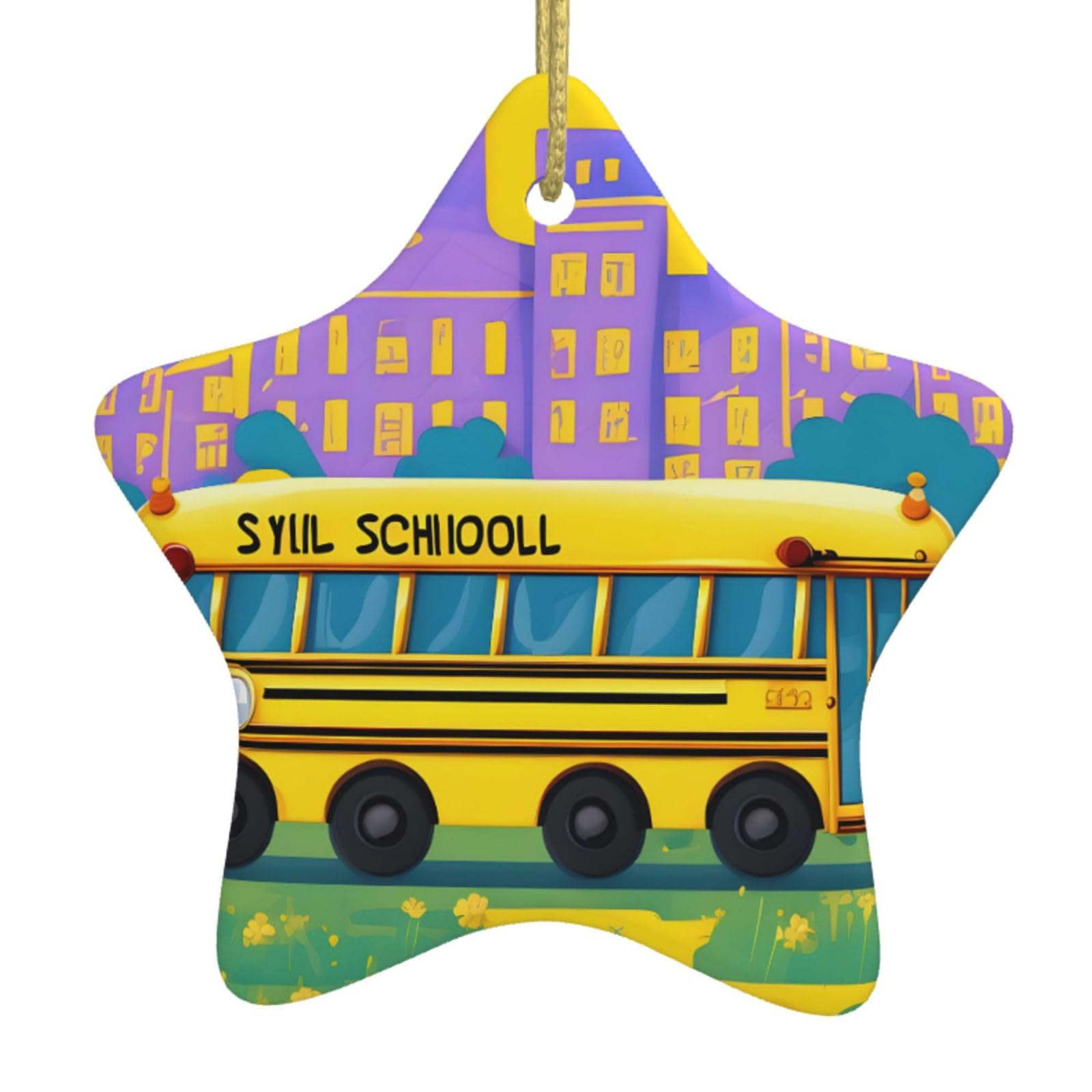 Nbtghga White School Bus Print Christmas Ornaments, Ceramic Hanging Ornament, Round Shape Decorations