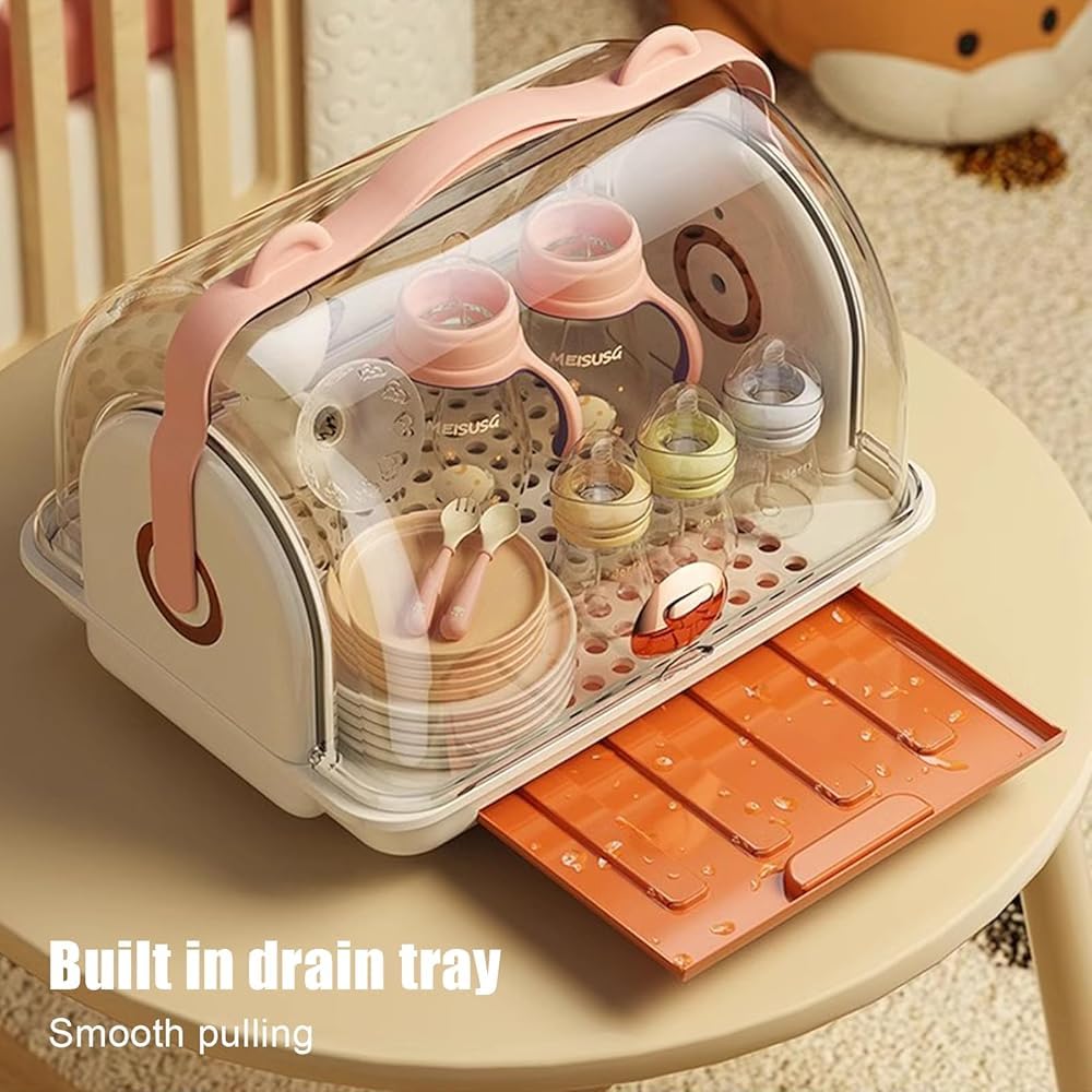 Séchoir à bouteilles pour enfants – Grande capacité avec couvercle, organiseur portable anti-poussière pour bouteilles d'enfants et rangement de vaisselle de cuisine