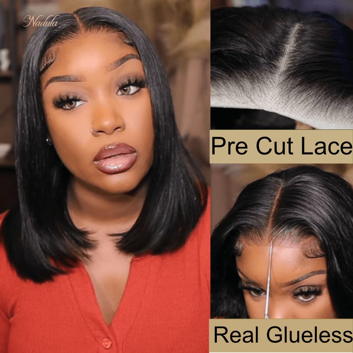 Nadula Bye Bye Knots Bob Wig Human Hair Pre-Bleached Invisible Knots 7x5 HD Lace Front Put on and Go Glueless Short Bob Wigs Pre Plucked Pre Cut Hairline 180% Density 14inch