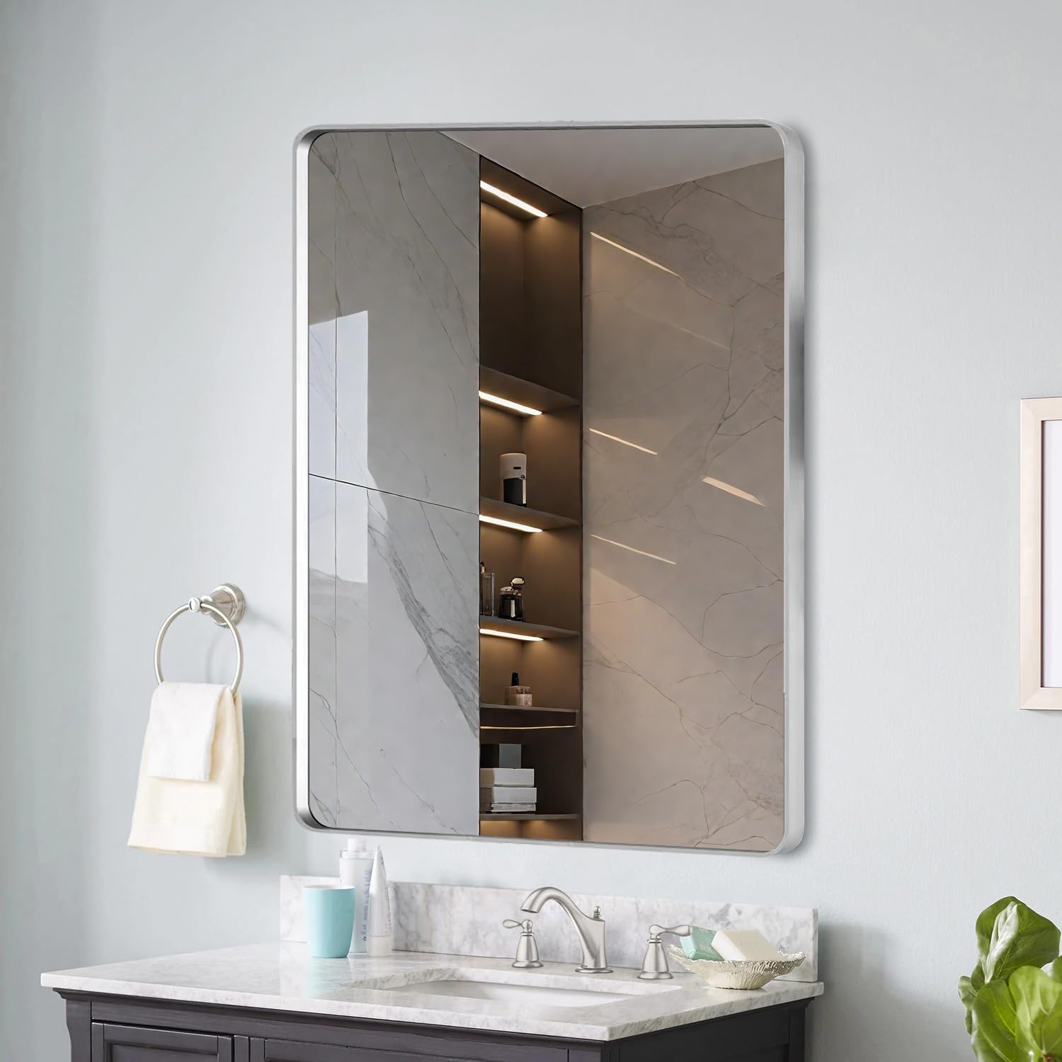 ESPIDOO 40x36 Inch Bathroom Mirror: Modern Brushed Nickel Aluminum Frame with HD Float Glass - Anti-Rust & Explosion-Proof for Secure Wall Mounting - Rectangular Vanity Mirror for Home & Hotel Bathroo