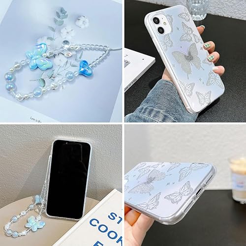 Miniatura 7 de Abbery Funda diseñada para iPhone 11, con brillantina, bonita transparente, con diseño de mariposa con correa para la muñeca, brillante, morado y