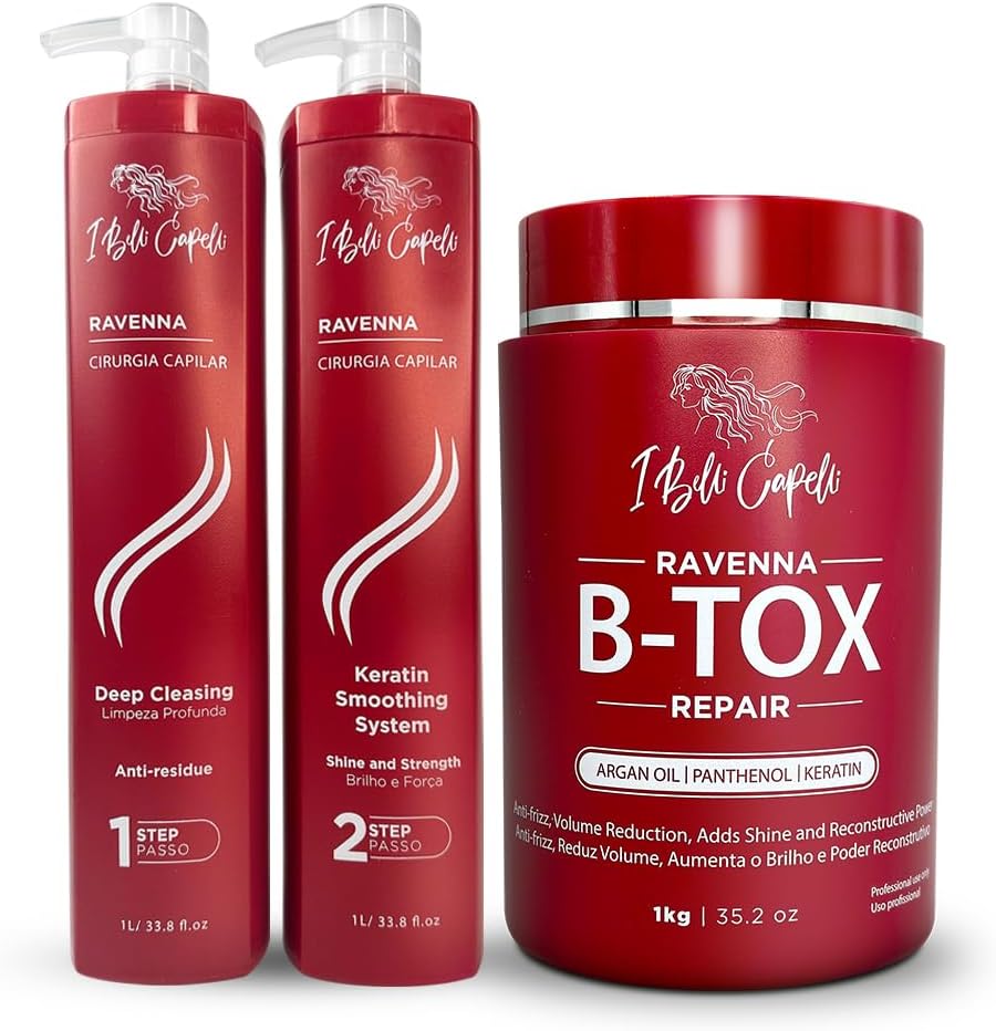 Ravenna Professional Keratin Hair B-tox -Cirugia Capilar para el Cabello, Smoothing, B-tox Hair Treatment, Celulas Madres Para el Cabello-Straightener System 3x1L 105.8oz, White