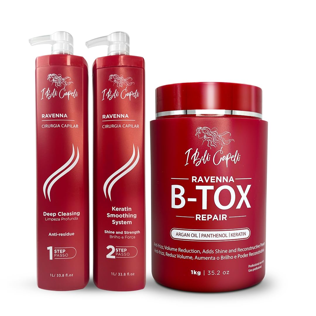 I Belli Capelli Ravenna Professional Keratin Hair B-tox -Cirugia Capilar para el Cabello, Smoothing, B-tox Hair Treatment, Celulas Madres Para el Cabello-Straightener System 3x1L 105.8oz