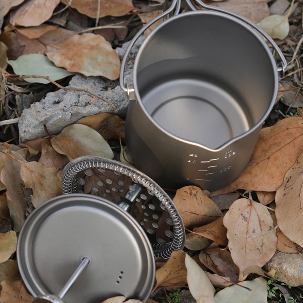 Lixada Taza de Café de Titanio de 750 ml Camping Taza de Titanio Cafetera de Prensa Francesa con Tapa Olla de Cocina para Acampar al Aire Libre