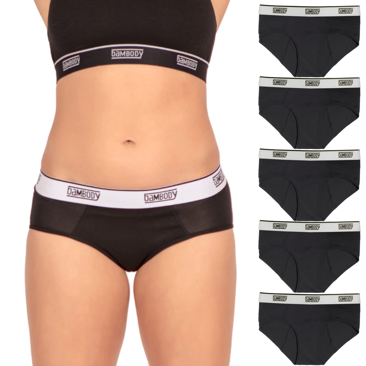 BambodyAbsorbent Hipster: Sporty Period Panties | Protective Active Wear Underwear, 5 Pack: Black, 8
