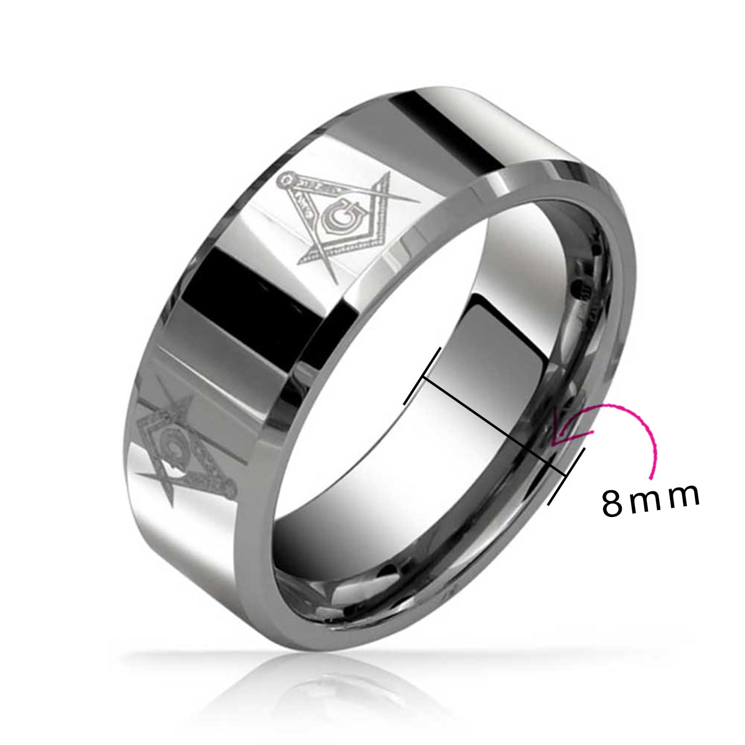 Bling Jewelry Anillo de Boda Masónico de Compás y Escuadra para Hombres de Titanio, Tono Plateado Pulido, Ajuste Cómodo, 8MM