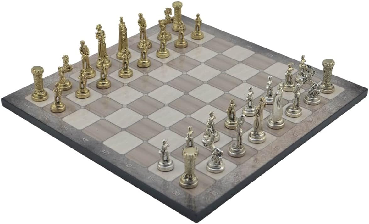 Metal Chess Set for Adults Medium Medieval British Army Figures,Handmade Pieces and Different Design Wooden Chess Board (Platin Oak)