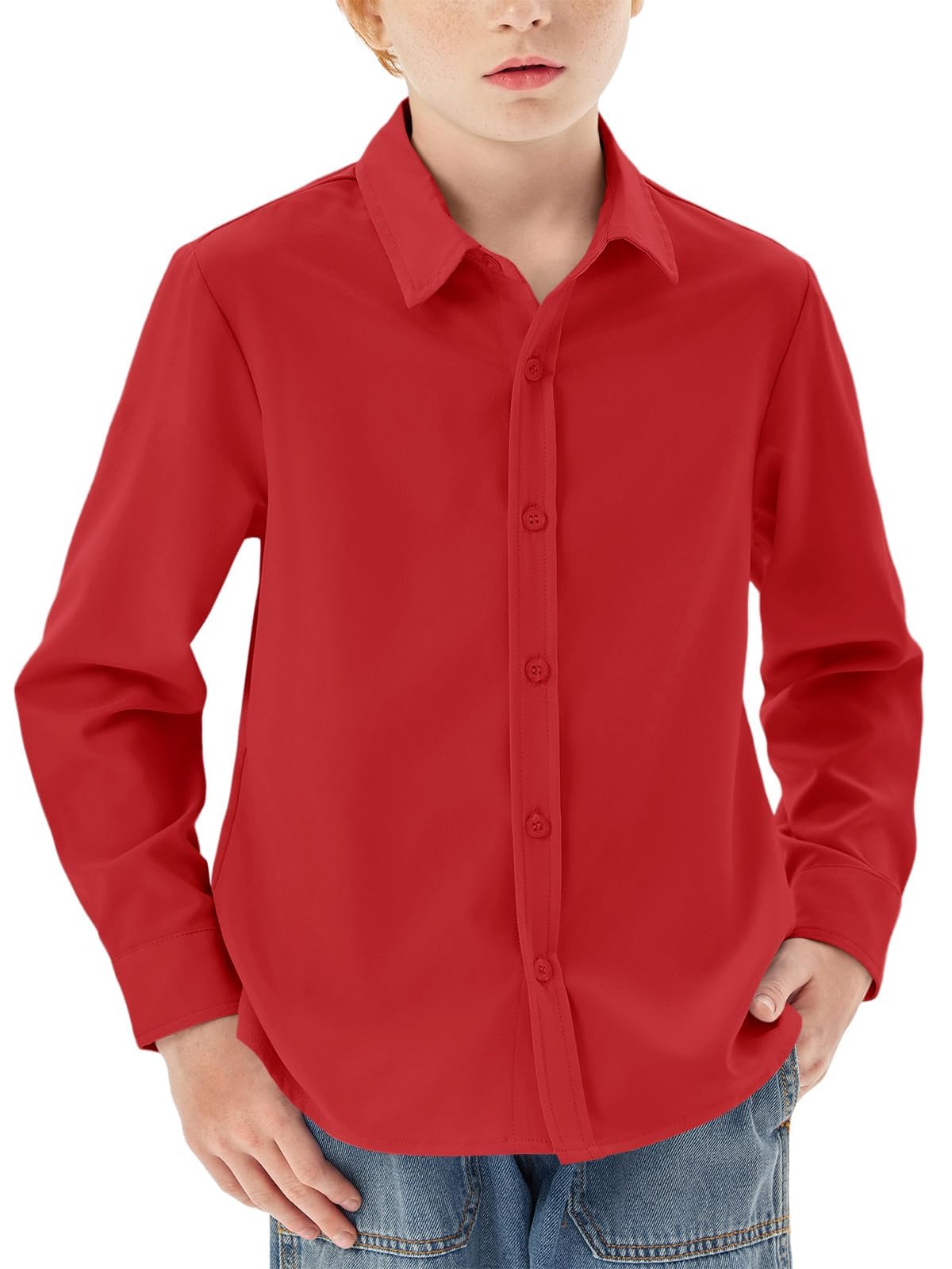 Boys Long Sleeve Dress Shirts Kids Classic Collared Button-Down Shirt School Uniform Shirts 5-14 Years