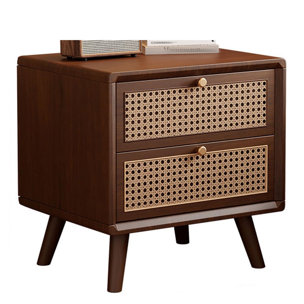 Mesa auxiliar de ratán con cajones, mesita de noche moderna, mesa auxiliar de madera para sala de estar y dormitorio, armario de almacenamiento bohemio, acabado de nogal, elegante decoración del hogar