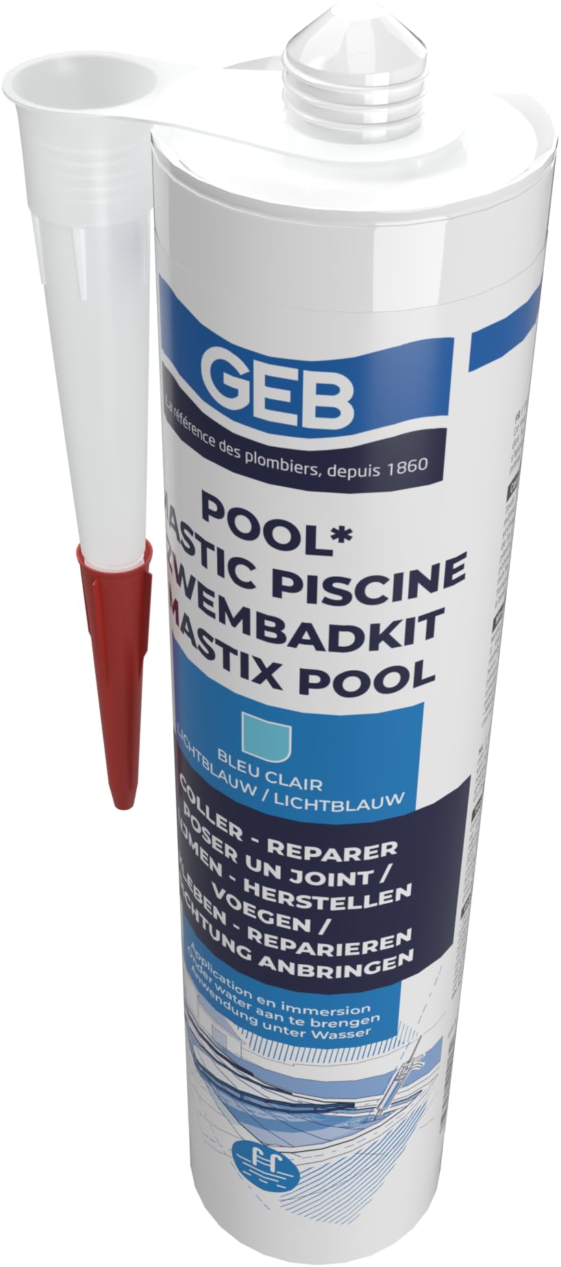 GEB Mastic étanche spécial piscine Bleu 290 ml pour coller, jointoyer et réparer même sous l'eau des éléments de piscine, carrelage, mosaïque, margelle, projecteur, bonde