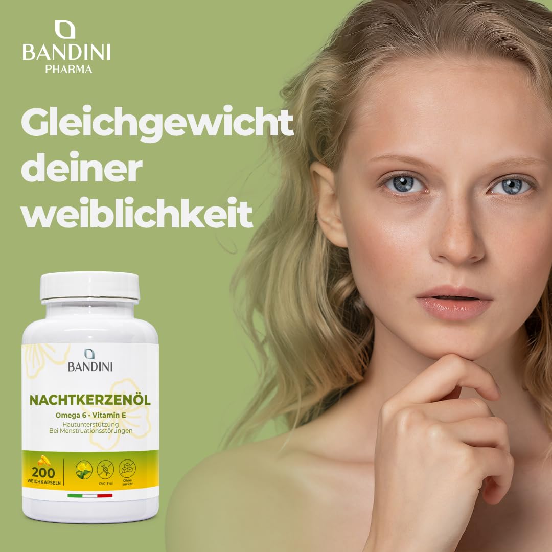 Bandini® Nachtkerzenöl | 200 Weichkapseln (2000mg pro Tagesdosis) | 10% Gla + Vitamin E | Antioxidans | Vitamin E Gamma-Linolensäure GLA - kaltgepresst | 4 Weichkapseln/Tag für 50 Tage Versorgung