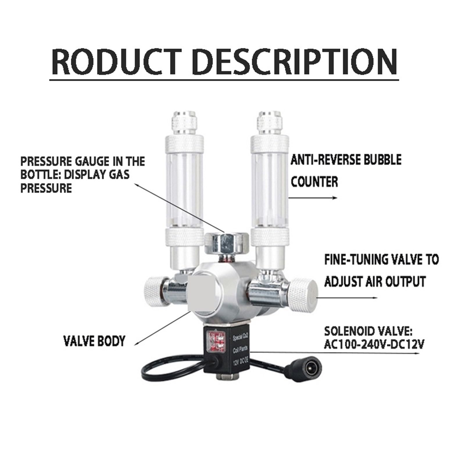 Kit elettrovalvola regolatore CO2 for acquario fai-da-te valvola di ritegno serbatoio for pesci di pressione di controllo CO2 valvola di riduzione a pressione del cilindro