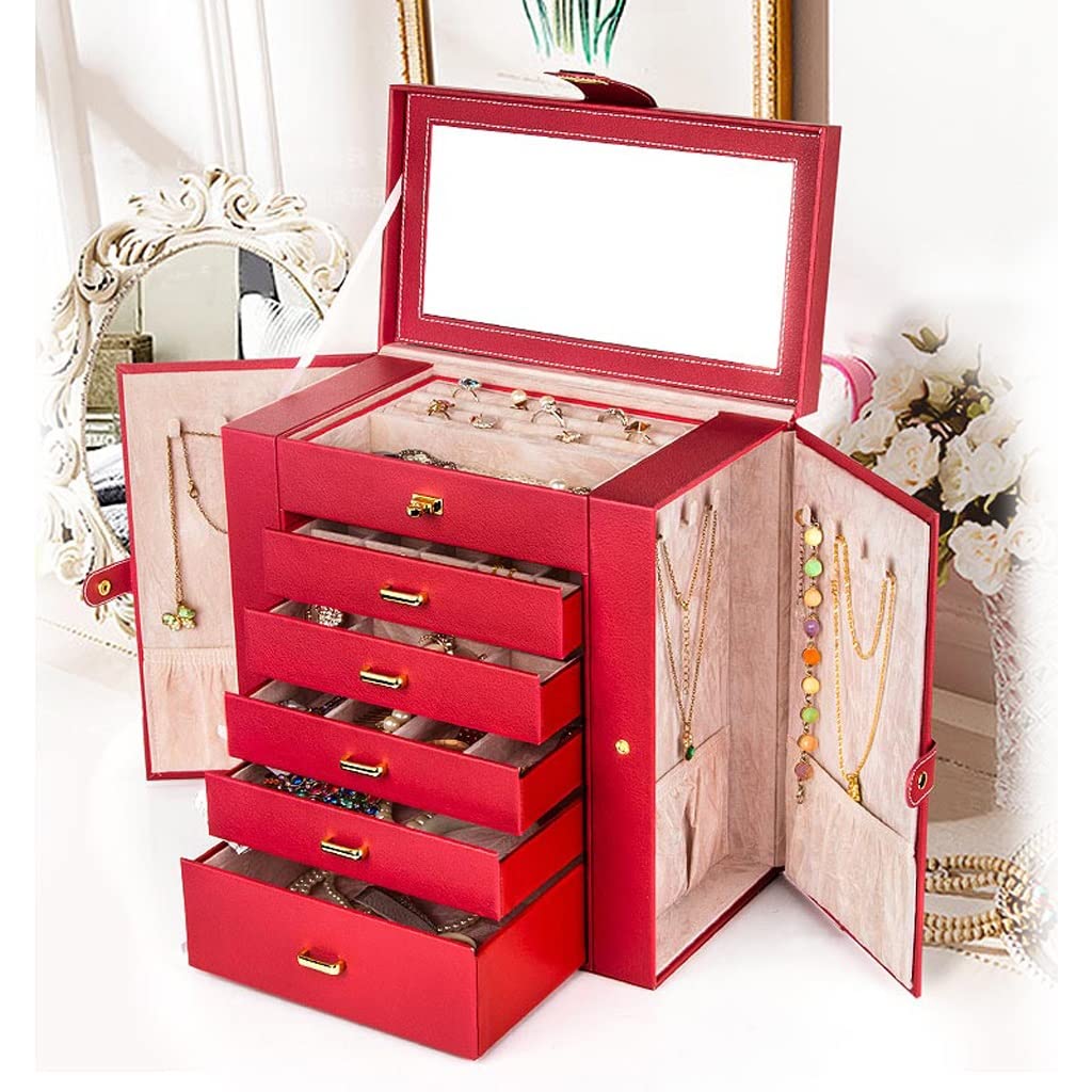 Schmuckschatulle Schmuckkasten Große Schmuckschatulle 6-lagig Mit 5 Schubladen PU-Leder Schmuck-Organizer Aufbewahrung Mit Spiegel Schmucketui Für Frauen Geschenk Schmuckschatulle Schmuck-Organizer