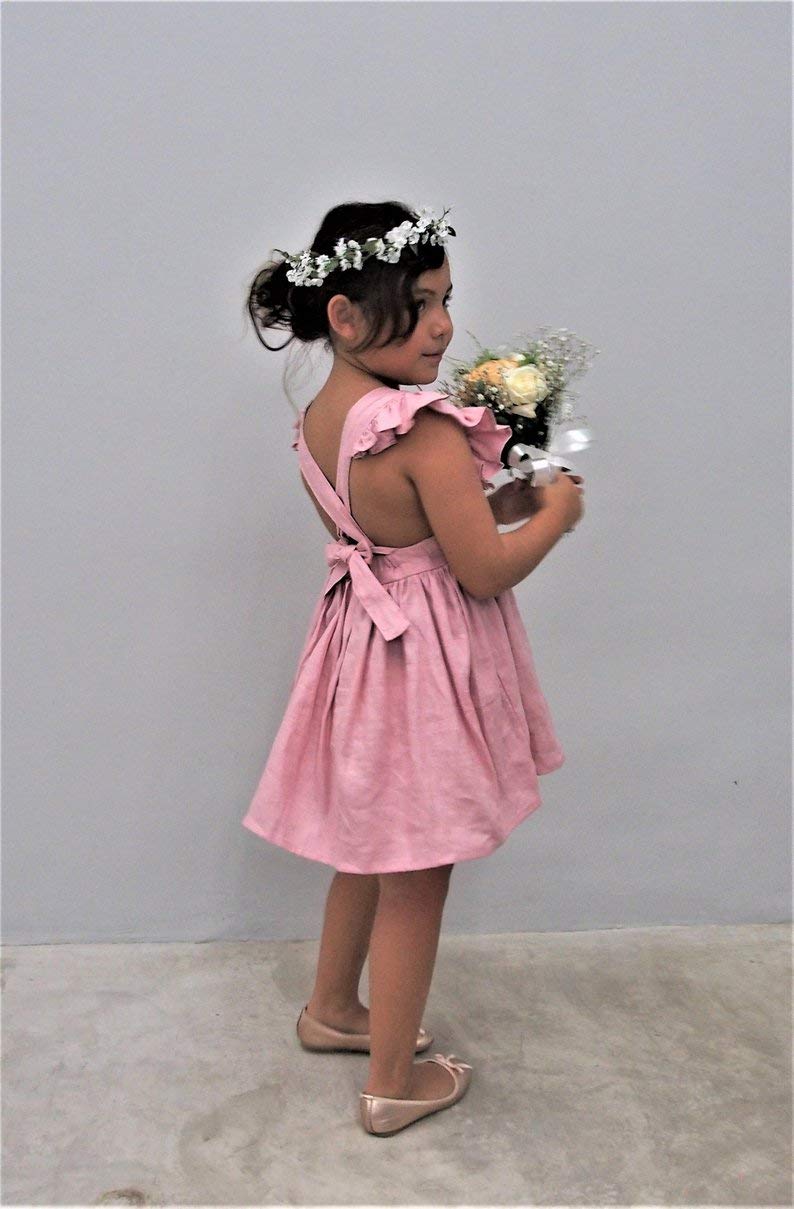 Mädchen Leinen Kleid - Rosa, Blumenmädchen Kleid, Taufkleid, Hochzeitskleid, Festliches Kleid, Prinzessin Kleid, Sommer Kleid