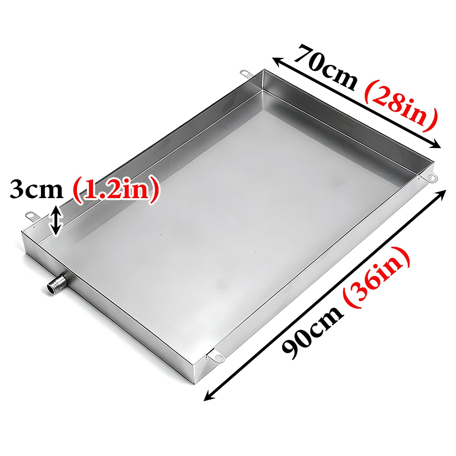 Szczelna miska ociekowa ze stali nierdzewnej do klimatyzatorów i podgrzewaczy wody, grubość 0,8 mm, zawiera wąż i zaciski, wymiary 30 x 90 x 3 cm / 12x36x1.2in (12 x 36 x 1,2 cala)