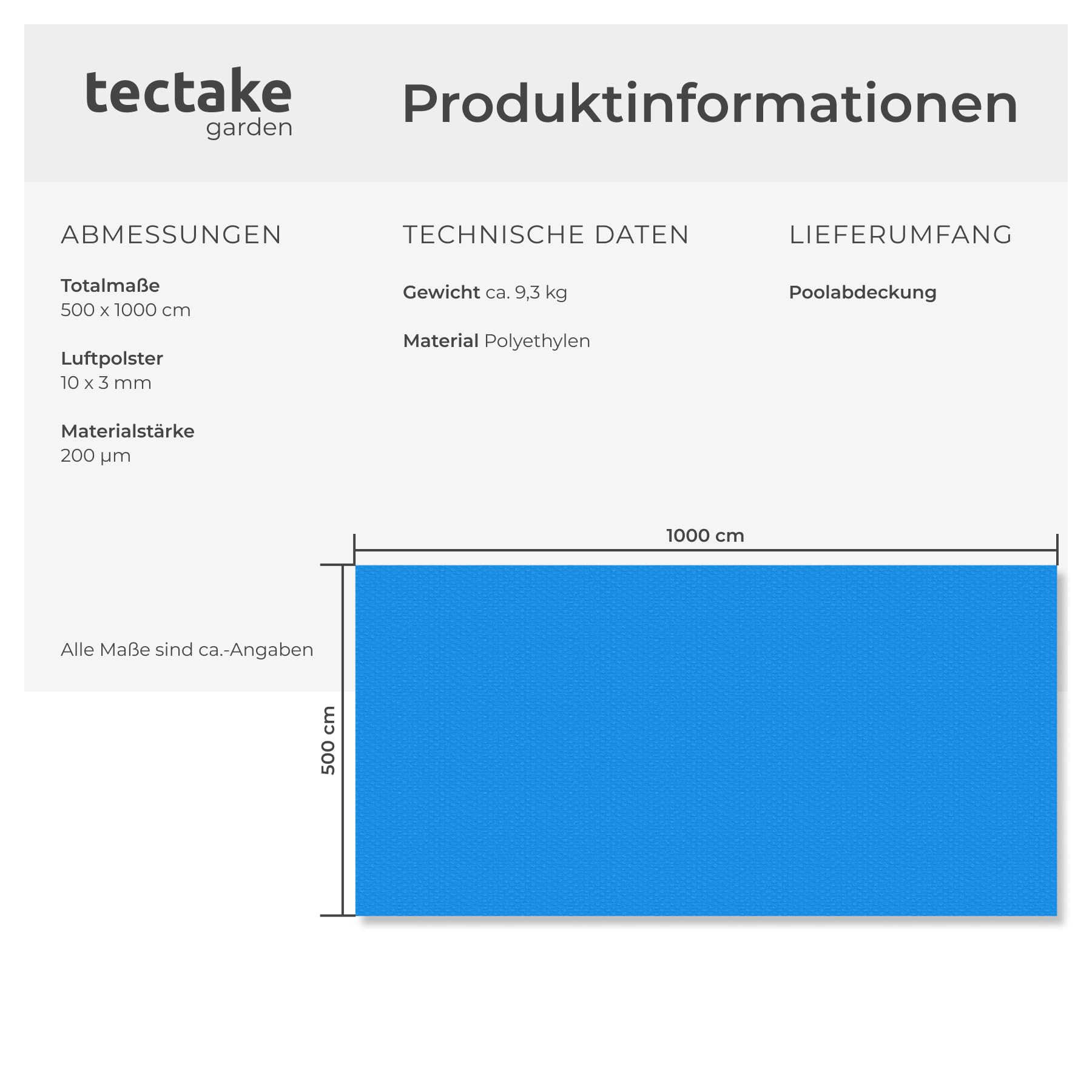 tectake® Poolabdeckung rechteckig, 5 x 10 m, Stärke 200 μm, zuschneidbar, Solarfolie, Poolfolie, Schwimmbadabdeckung, Poolabdeckplane, Abdeckplane Pool - blau