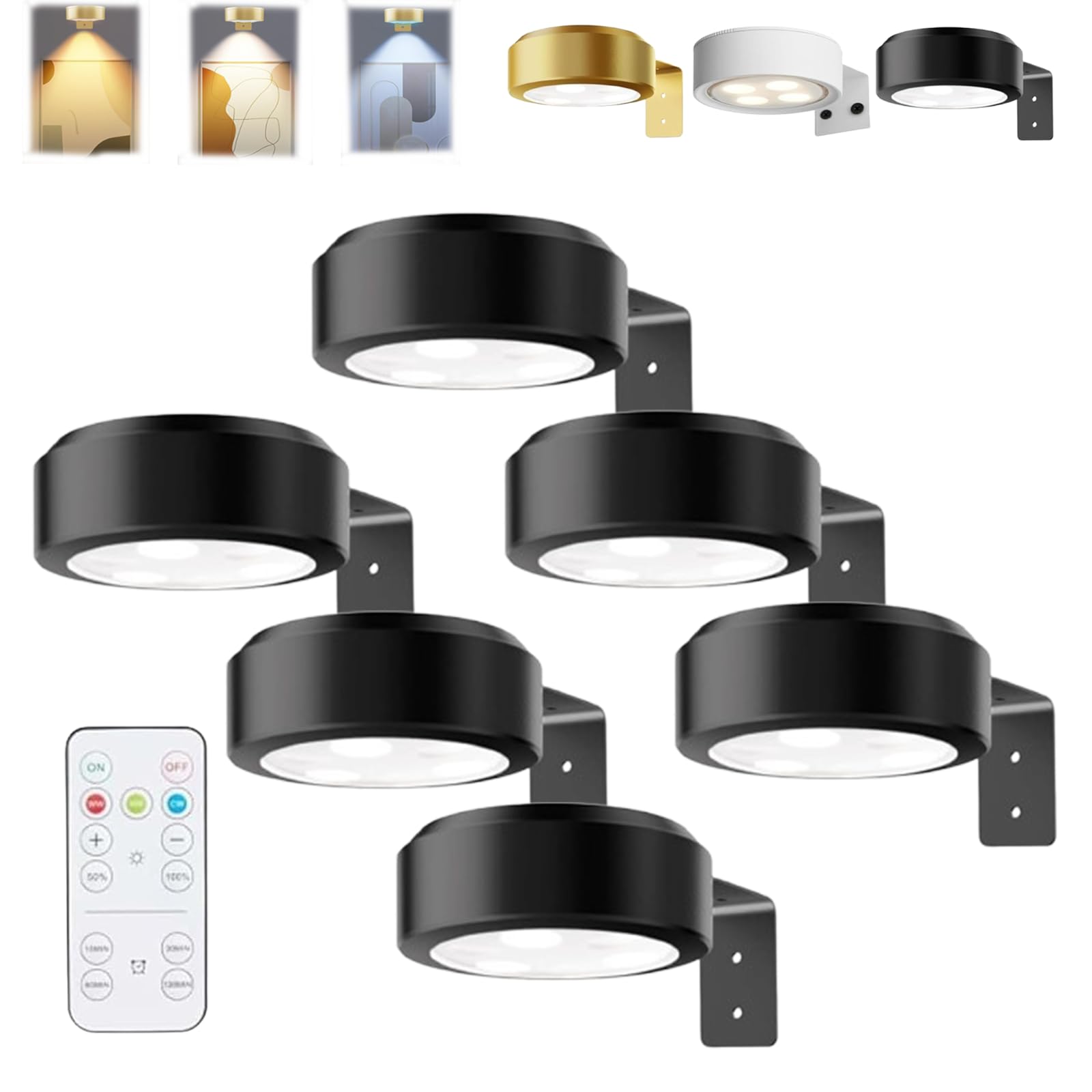 Magnetisches Mallicht mit 13 Beleuchtungsmodi, Bilderleuchte Kabellos Ohne Bohren, Beleuchtung Bilderrahmen Kabellos, Bilder Leuchten Wand Akku mit Fernbedienung (Schwarz, 6PCS)
