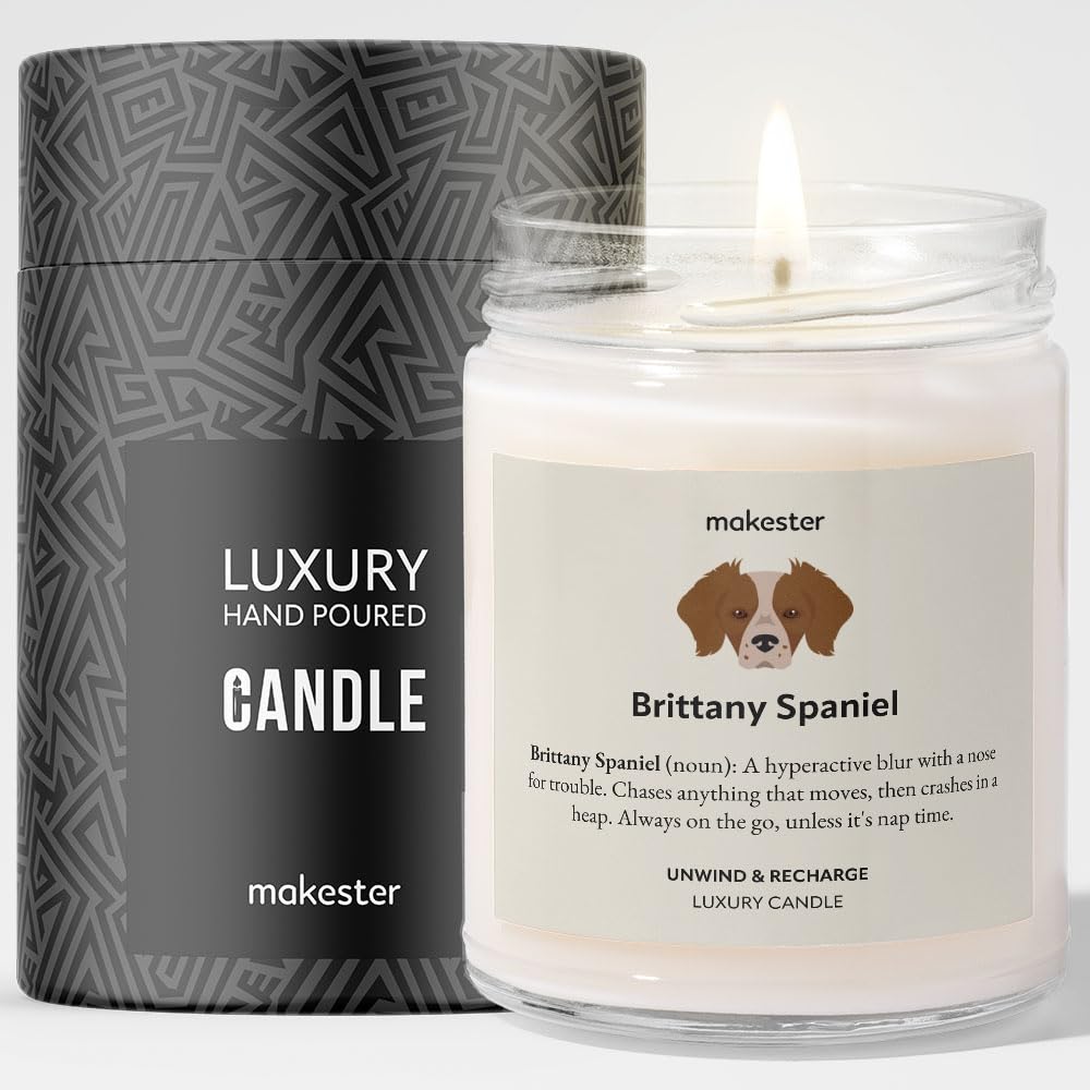 Brittany Spaniel Gifts - Luxury Soy Wax Candle - Vanilla, Jasmine, Sugared Almond - Makester, White
