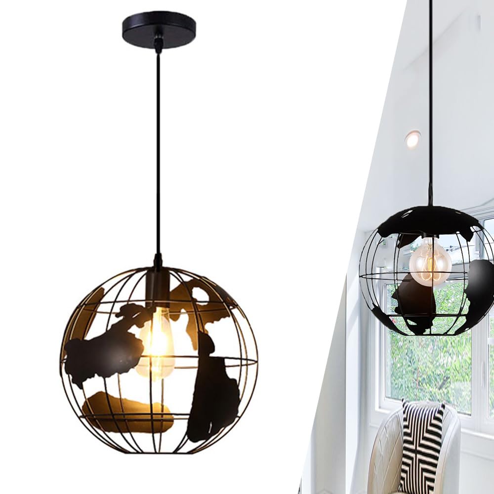 ChaoZan Earth Globe Pendant Light Modern Metal World Map Chandelier Black E27 Round Ceiling Hanging Light Fixture Industrial Retro Lamp Shade for Resturant Kitchen Dining Room Bedroom Living Room