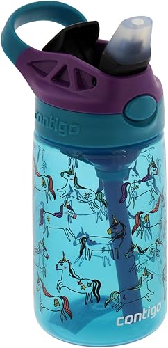 Miniatura 4 de Contigo Aubrey Kids - Botella de agua limpia con popote de silicona y tapa a prueba de derrames, apta para lavavajillas, 14 onzas, unicornios