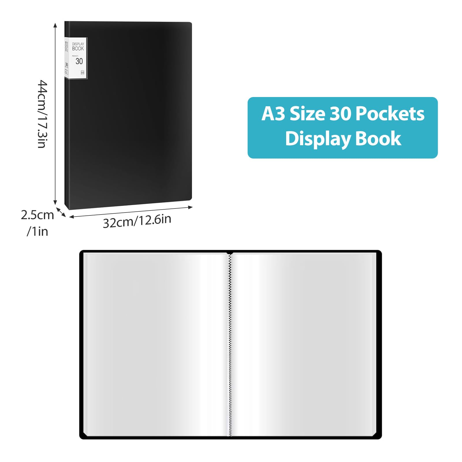 2 pezzi A3 presentazioni libro con 30 buste trasparenti per 60 fogli, formato A3, per opere d'arte, cartella per diamond painting, certificati, portfolio – PP – nero