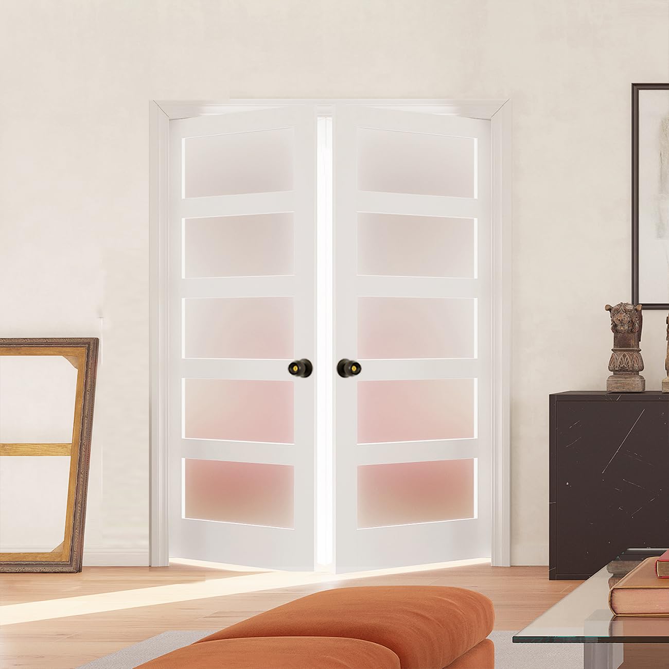 (30" x 2) x 80" Frosted Glass French Door Slab, White 5 Lite Pantry Door with Black Knobs &amp; Lock, Easy to Assemble Interior Doors for Bathroom, Bedroom, Laundry