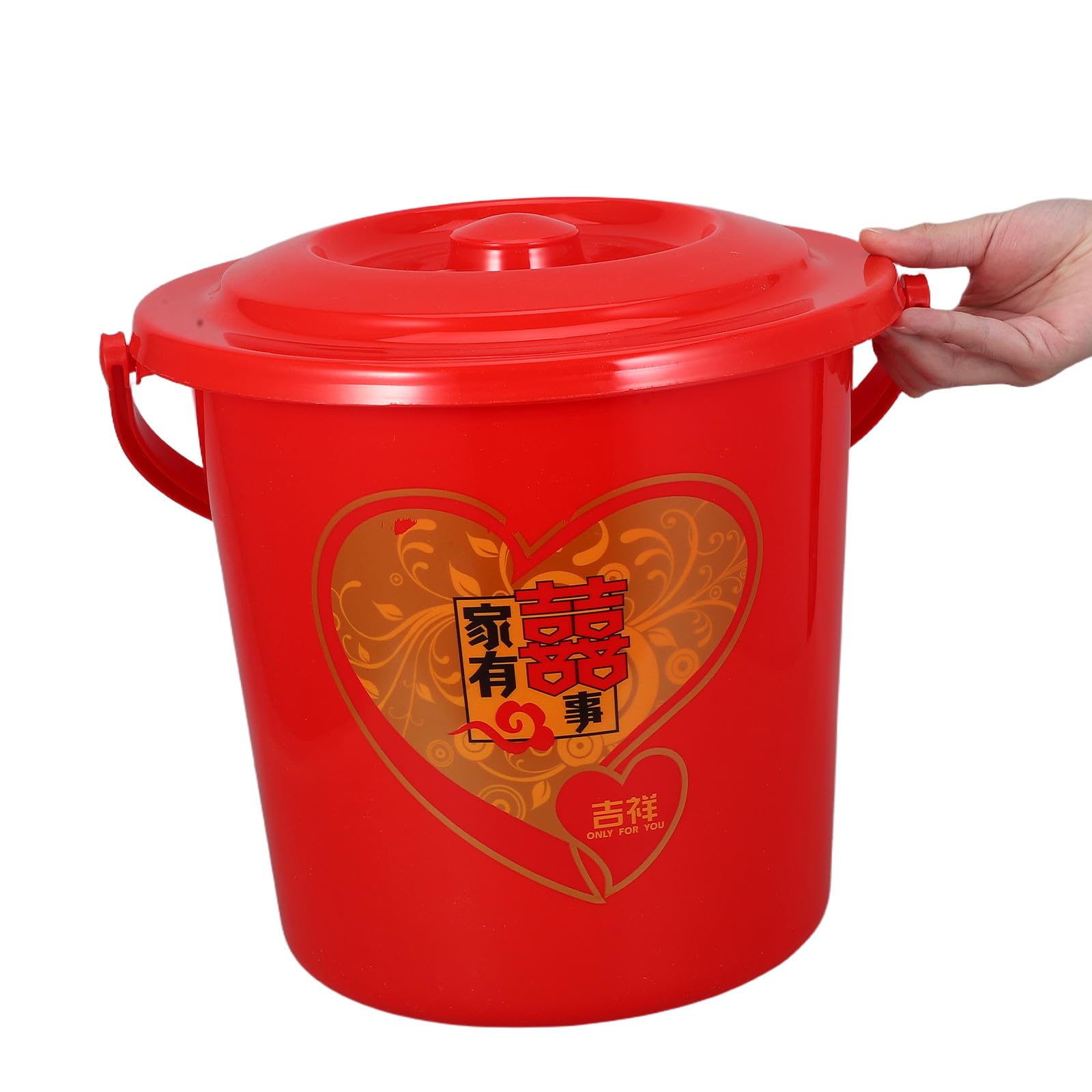 OUNONA Dekoracyjne czerwone wiaderko ślubne: nowoczesne, ceremonialne plastikowe wiaderko z uchwytem i pokrywką do przechowywania pamiątek z okazji ślubu i rytuałów kulturowych
